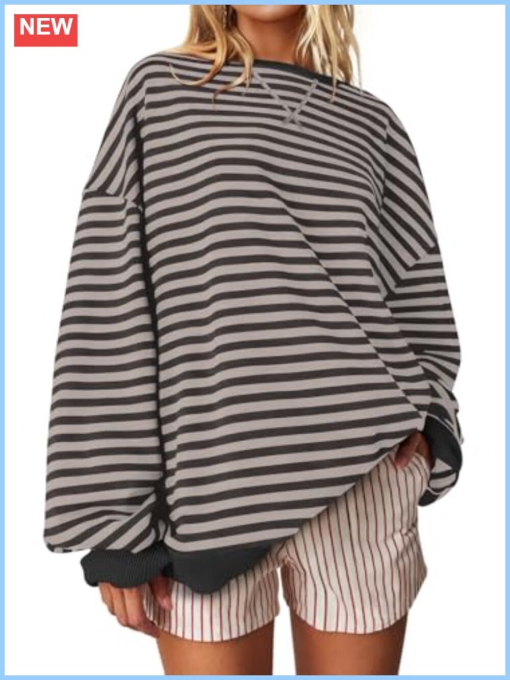 Women Crew Neck Long Sleeve Striped Baggy Pullover Sweatshirt Cotton Blend